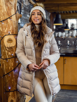 Béžová dámská prodloužená prošívaná zimní bunda s kapucí kabát Bolf 7086a