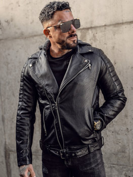 Černý pánský koženkový křivák bunda s kapucí biker Bolf 11Z8005