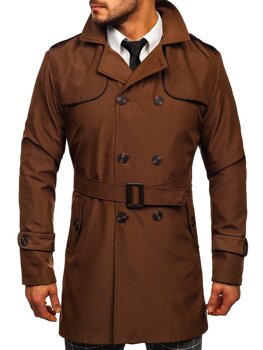 Hnědý pánský dvouřadový kabát s vysokým límcem a páskem Bolf 0001