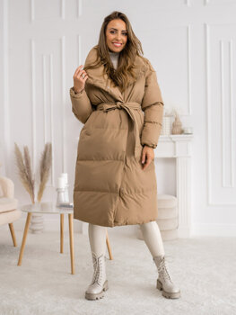 Kamelová dámská prodloužená prošívaná zimní bunda kabát Bolf 5M737