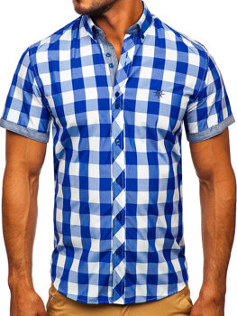 Královsky modrá pánská kostkovaná košile s krátkým rukávem Bolf 6522
