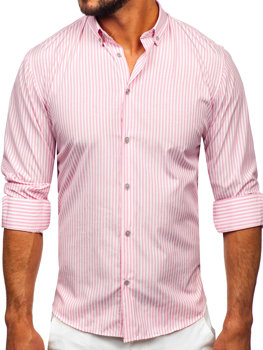 Růžová pánská pruhovaná košile s dlouhým rukávem Bolf 22731