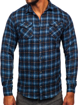 Tmavě modrá pánská flanelová košile s dlouhým rukávem Bolf 20731-2