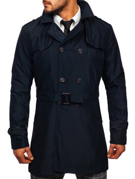 Tmavě modrý pánský dvouřadový kabát s vysokým límcem a páskem Bolf 0001