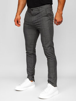 Tmavě šedé pánské textilní karované chino kalhoty Bolf 0032
