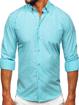 Tyrkysová pánská pruhovaná košile s dlouhým rukávem Bolf 22731