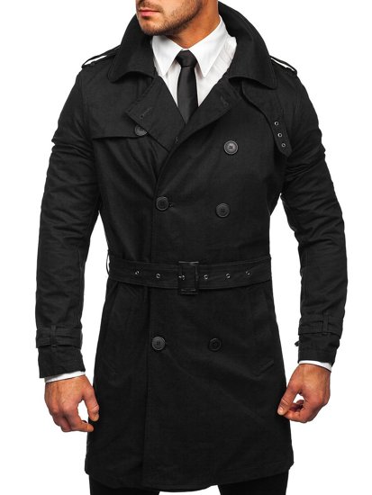 Černý pánský dvouřadý kabát s vysokým límcem a páskem Bolf 5569