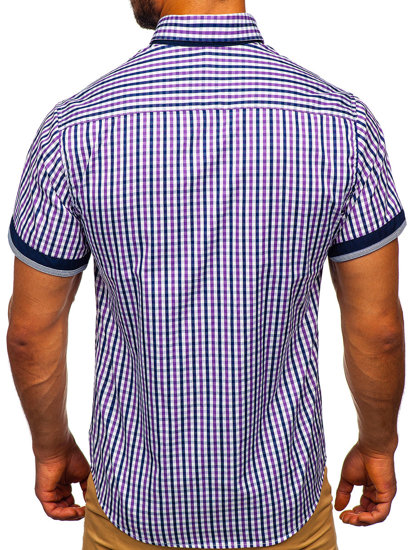 Fialová pánská kostkovaná košile s krátkým rukávem Bolf 4510