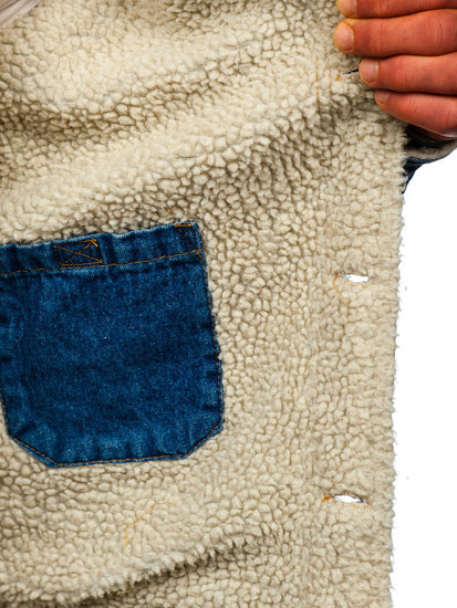 Tmavě modrá pánská džínová zateplená bunda trucker s koženým límcem Bolf 1156