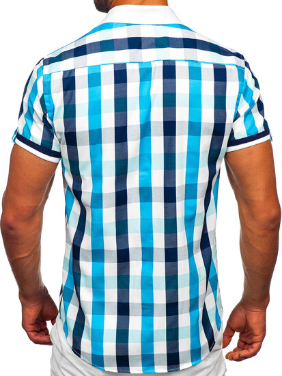 Tyrkysová pánská elegantní kostkovaná košile s krátkým rukávem Bolf 8901