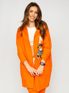 Oranžová dámská dlouhá rozepínací mikina na zip s kapucí a nášivky Bolf 81716