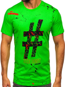 Zeleno-neonové pánské bavlněné maskáčové tričko s potiskem Bolf 14728